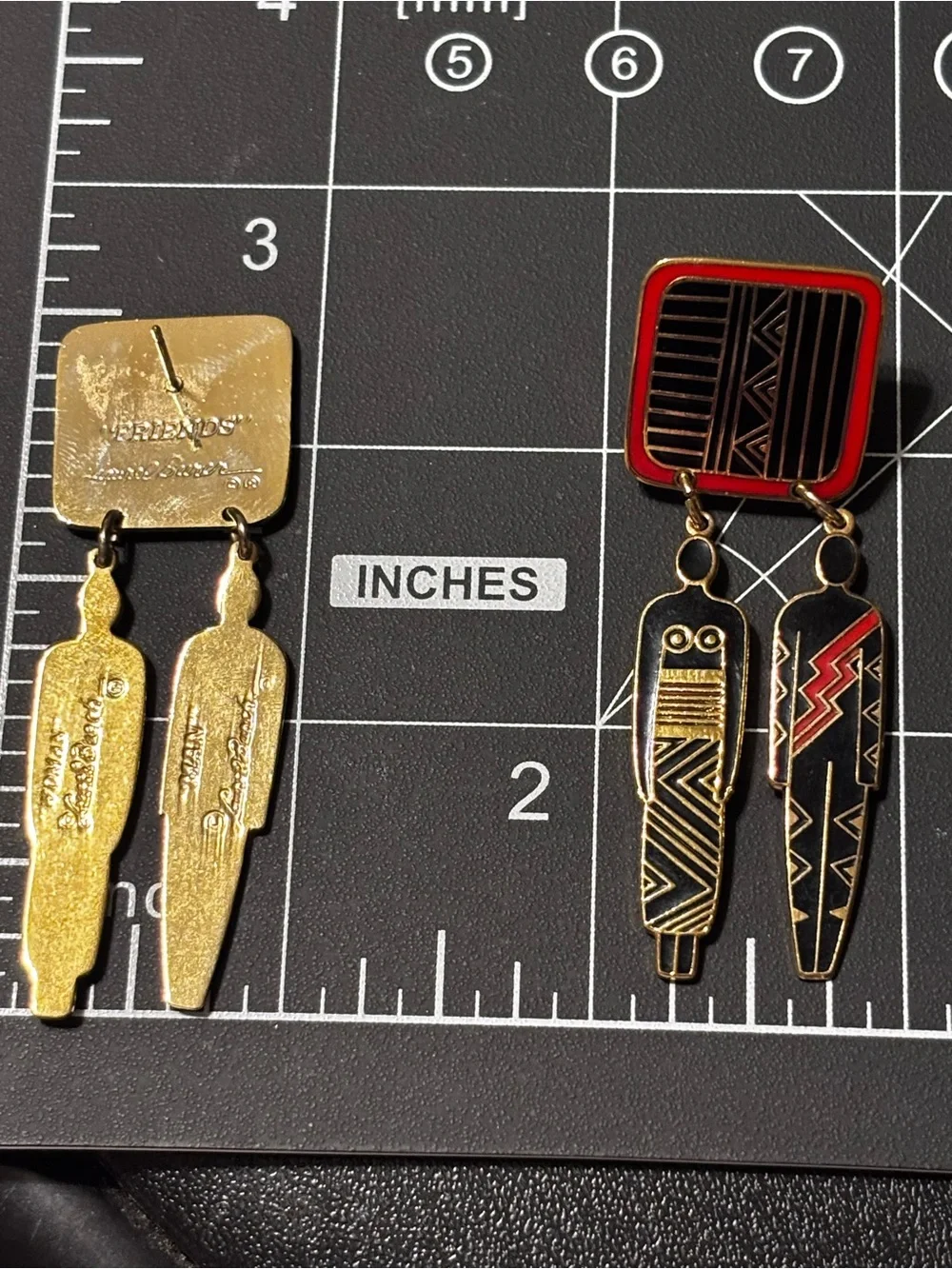 Laurel Burch Black and Red Tribal Figure Drop Earrings Friends Woman Man Tribal - Picture 3 of 11
